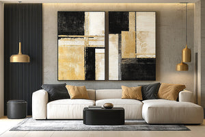 Black and gold geometric abstract canvas art for modern office decor.