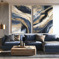 Navy and gold abstract canvas wall art for bold luxury living room decor.