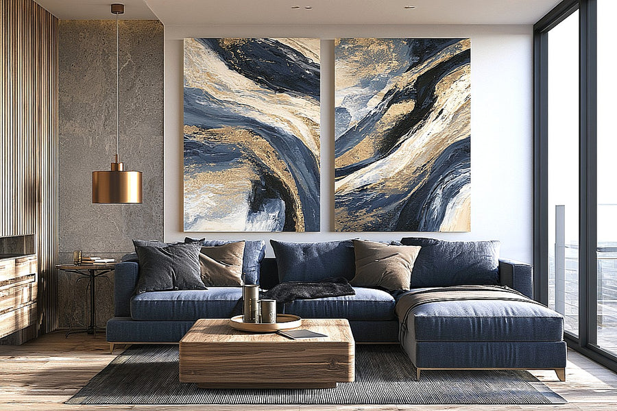 Navy and gold abstract canvas wall art for bold luxury living room decor.