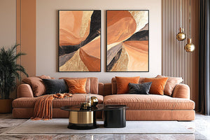 Terracotta abstract canvas art with earthy curves for modern living room decor.