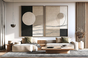 Minimalist neutral abstract canvas art with circle and line details for calm office decor.