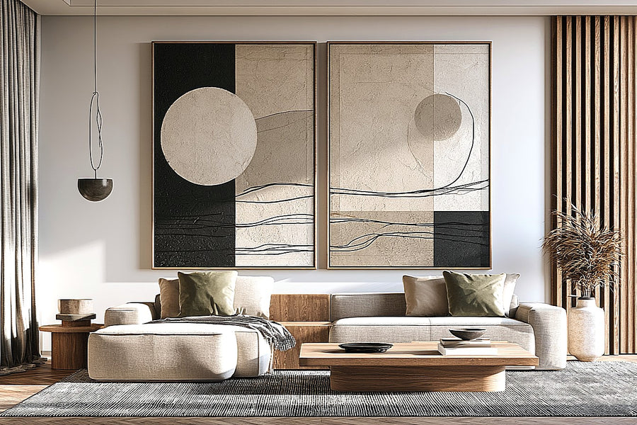 Minimalist neutral abstract canvas art with circle and line details for calm office decor.