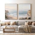 Soft beach cove canvas art for peaceful coastal bedroom decor.