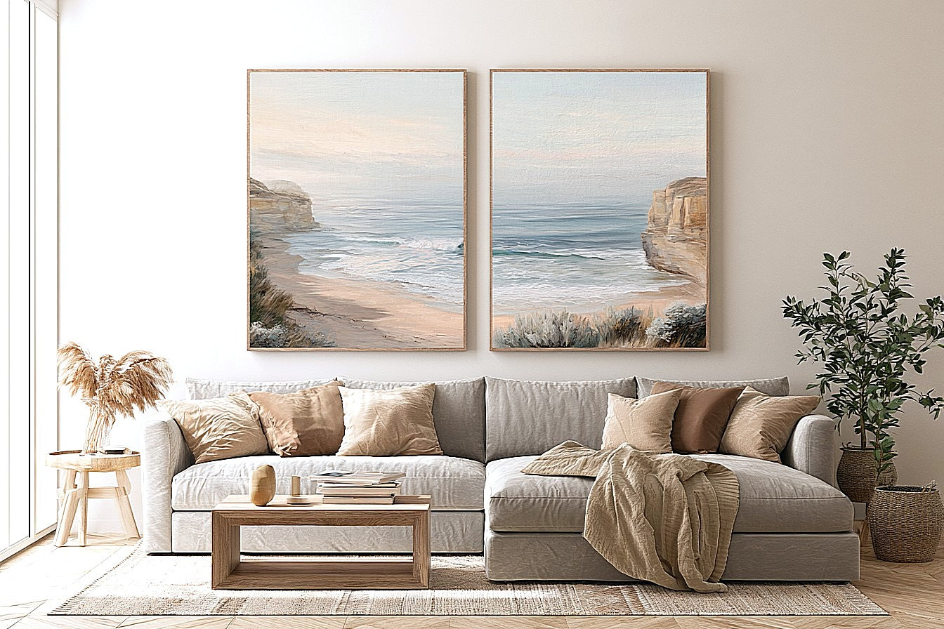 Soft beach cove canvas art for peaceful coastal bedroom decor.