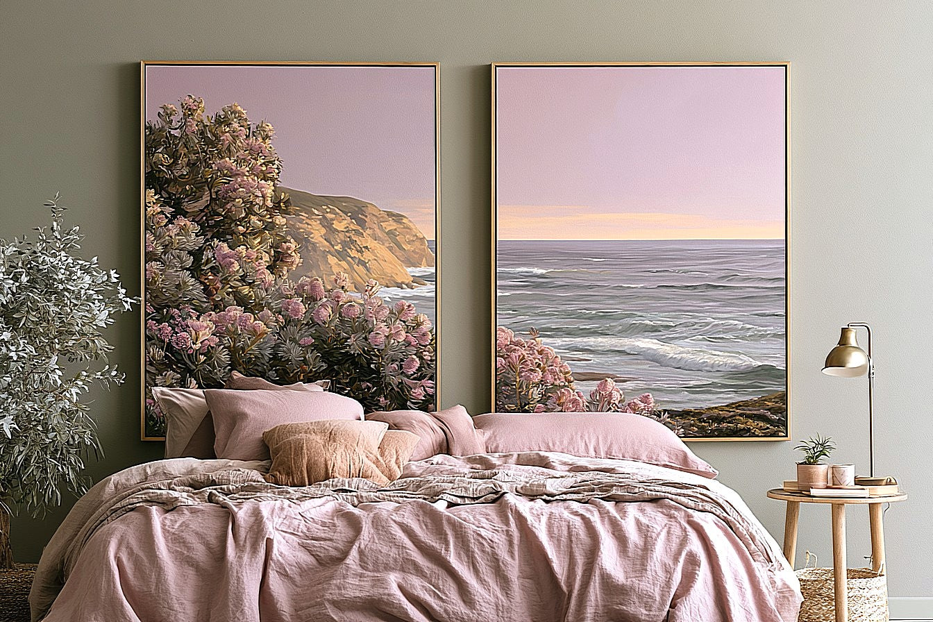 Blush floral coastal canvas art for romantic bedroom wall decor.