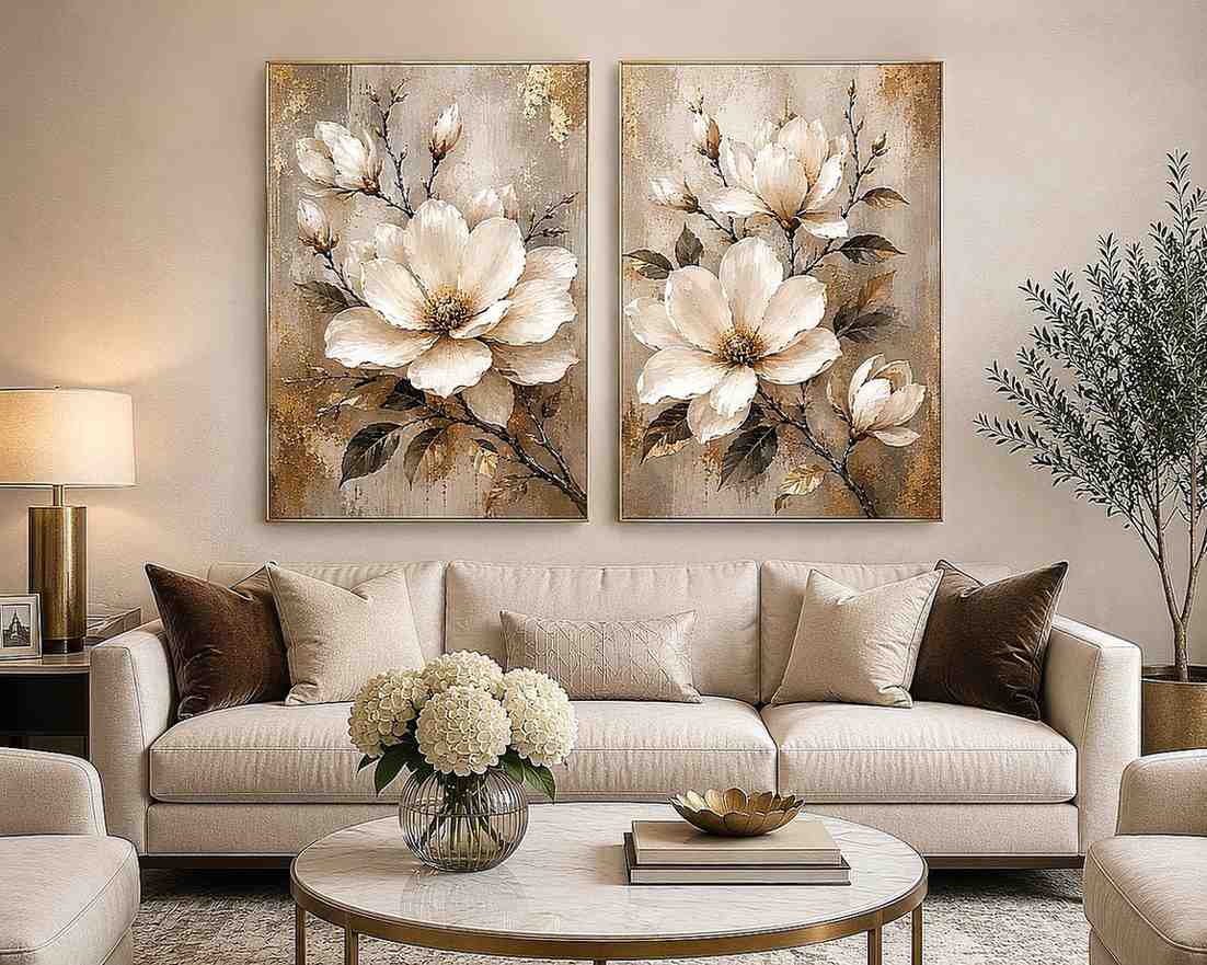 Neutral magnolia diptych canvas art for modern bedroom and living room decor