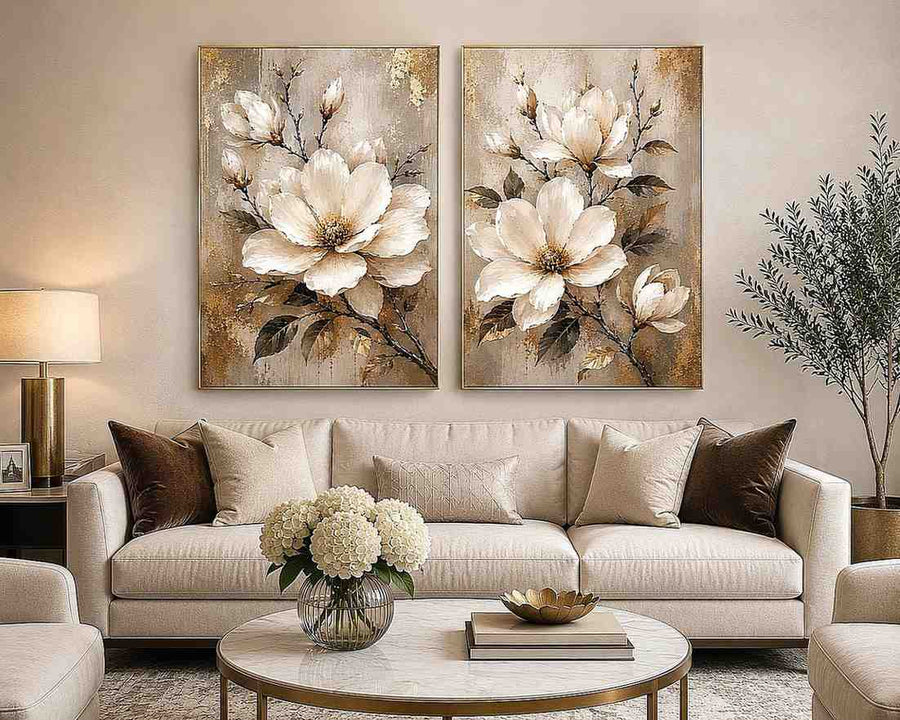 Neutral magnolia diptych canvas art for modern bedroom and living room decor