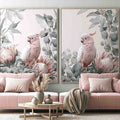 Pink cockatoo botanical canvas art with eucalyptus for soft nursery decor.