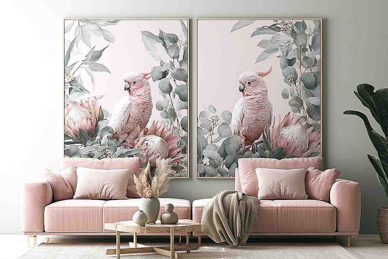 Pink cockatoo botanical canvas art with eucalyptus for soft nursery decor.