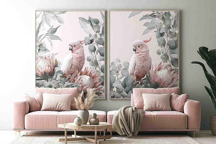 Pink cockatoo botanical canvas art with eucalyptus for soft nursery decor.