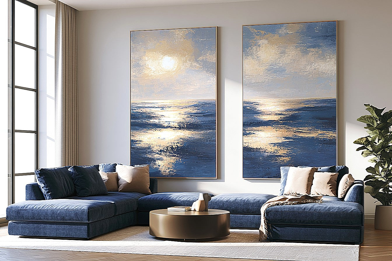 Blue and gold ocean canvas art with sunlit waves for luxury living room decor.