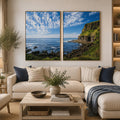 Coastal cliff photography canvas art with blue ocean for modern office decor.