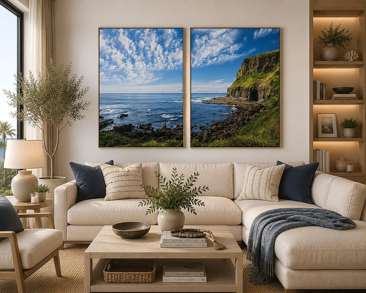 Coastal cliff photography canvas art with blue ocean for modern office decor.