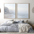 Misty coastal cliff diptych wall art for calm beach house interiors.