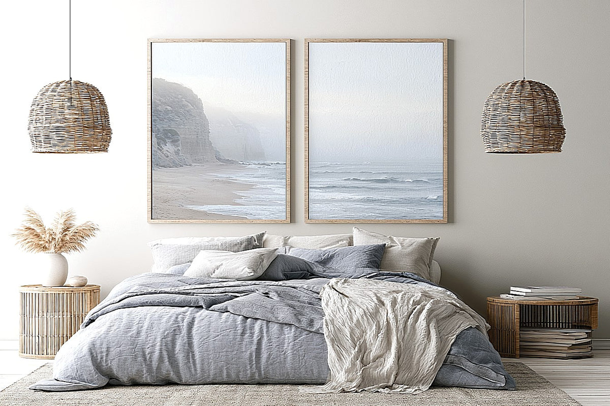 Misty coastal cliff diptych wall art for calm beach house interiors.
