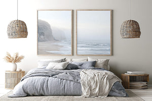 Misty coastal cliff diptych wall art for calm beach house interiors.