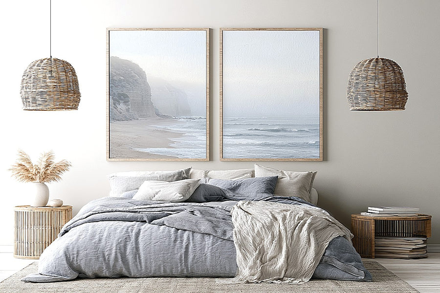 Misty coastal cliff diptych wall art for calm beach house interiors.