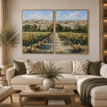 Sunlit vineyard landscape canvas art for rustic dining room decor.