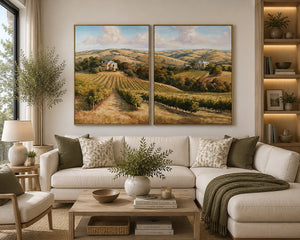Golden vineyard estate canvas art for elegant farmhouse living room decor.