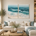 Turquoise ocean wave diptych canvas art for coastal living room decor.