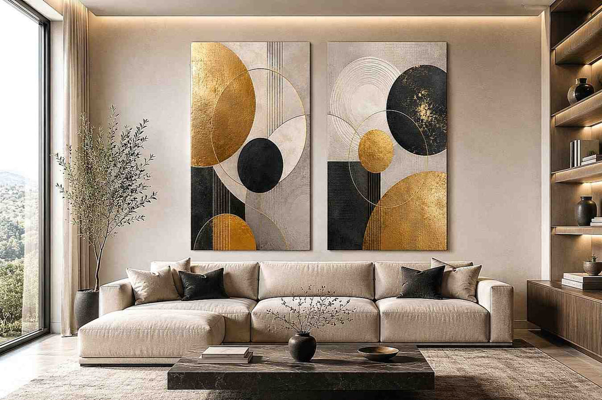 Modern black and gold geometric diptych wall art for contemporary living room decor