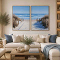 Beach pathway diptych canvas art for bright coastal living room styling.