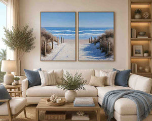Beach pathway diptych canvas art for bright coastal living room styling.