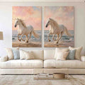 White horse beach canvas art with pastel coastal style for bedroom decor.