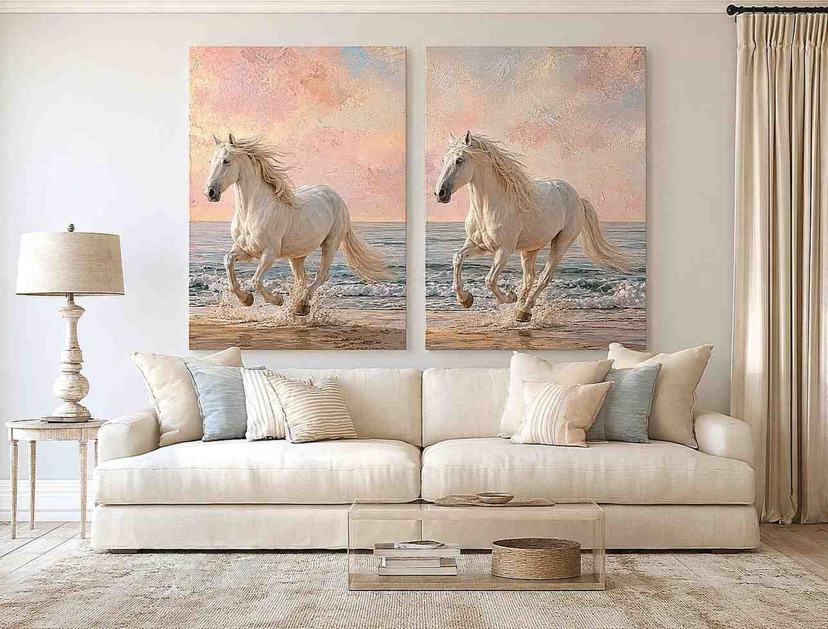 White horse beach canvas art with pastel coastal style for bedroom decor.