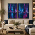 Neon abstract cityscape canvas art for bold modern office decor.