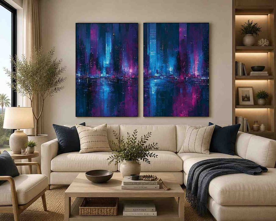Neon abstract cityscape canvas art for bold modern office decor.