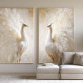 White peacock feather canvas art for elegant luxury bedroom decor.