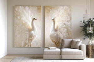 White peacock feather canvas art for elegant luxury bedroom decor.
