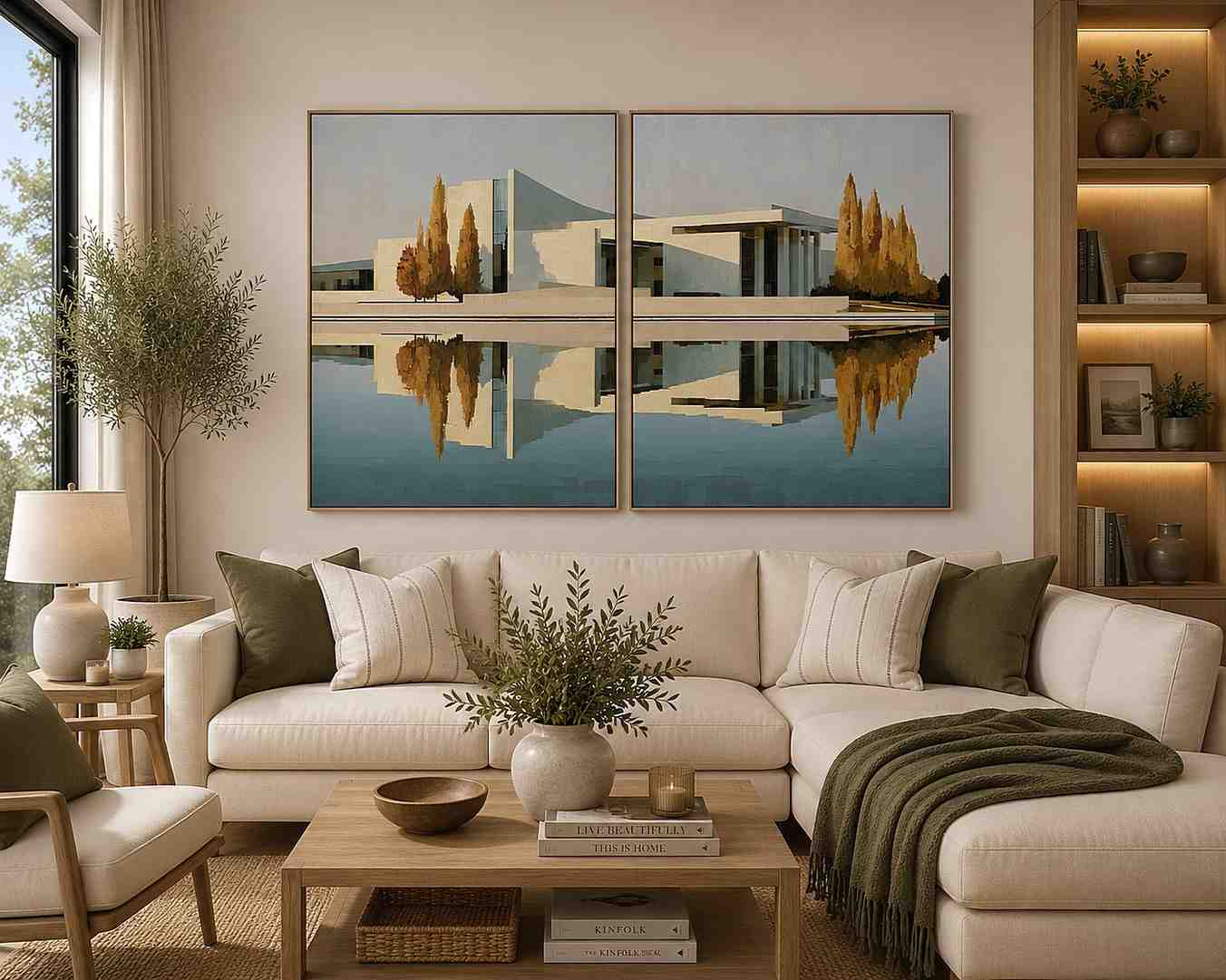 Modern architecture reflection canvas art for sophisticated office decor.