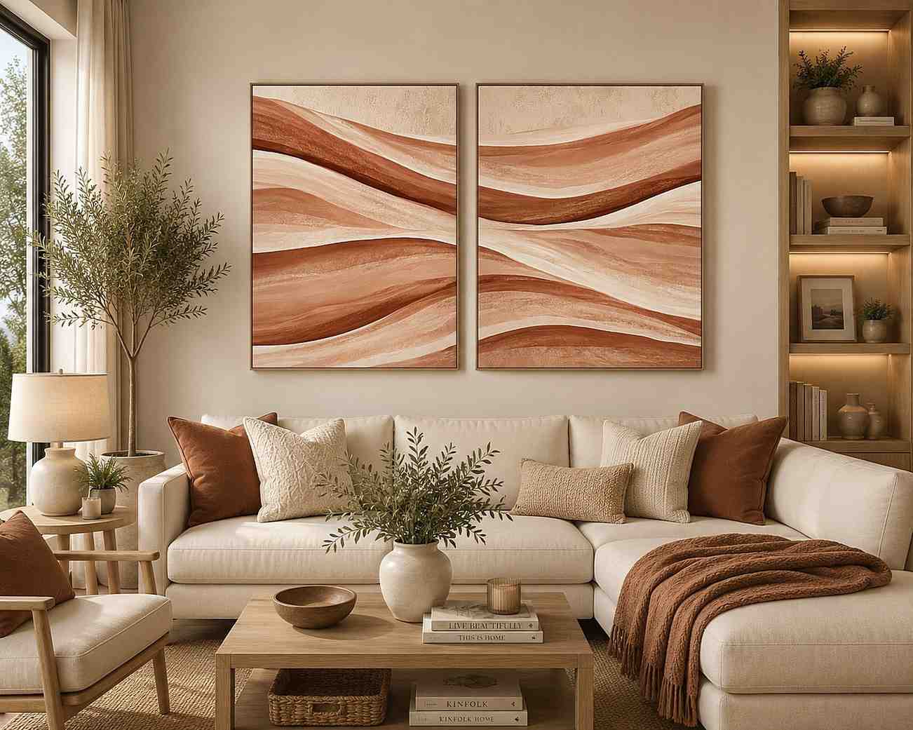 Terracotta abstract flow canvas art for warm boho living room decor.
