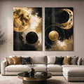 Gold and black celestial moon diptych canvas art for luxury modern living room decor