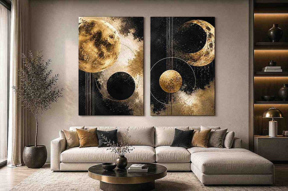 Gold and black celestial moon diptych canvas art for luxury modern living room decor