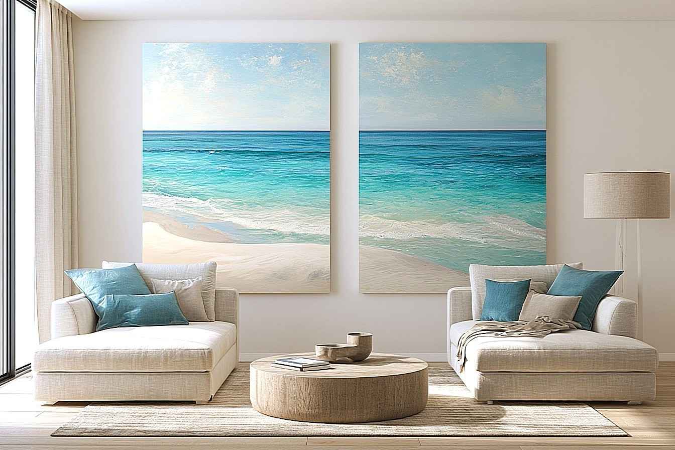 Tropical turquoise beach canvas art for bright coastal living room decor.