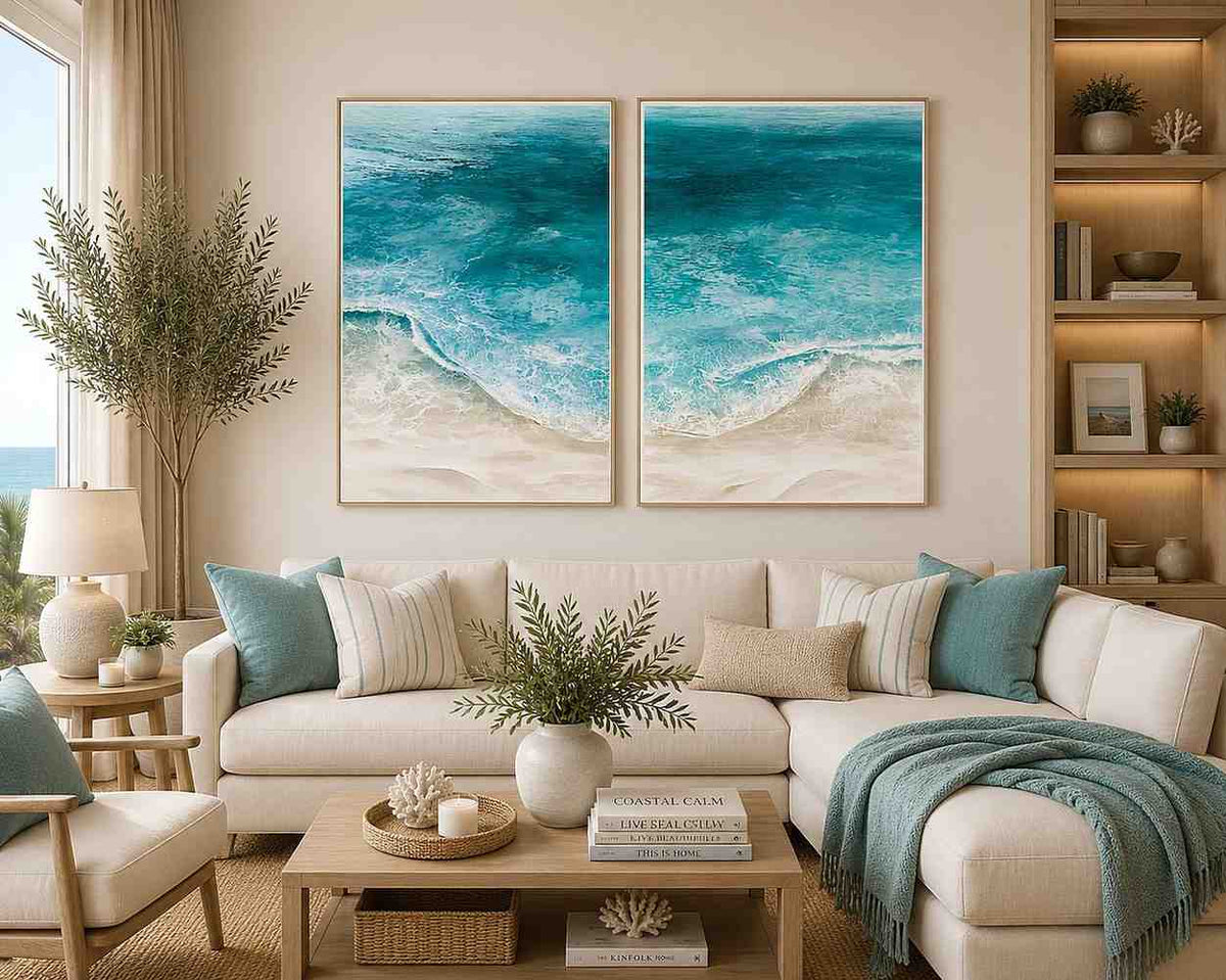 Pastel coastal floral diptych artwork for elegant bedroom decor