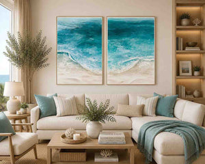 Pastel coastal floral diptych artwork for elegant bedroom decor