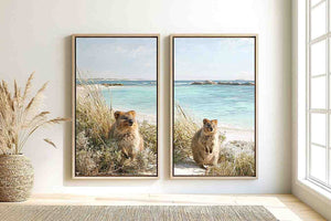 Coastal quokka artwork beside turquoise beach