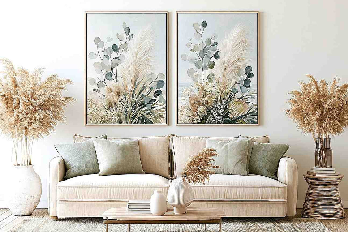 Neutral botanical diptych canvas for modern bedroom