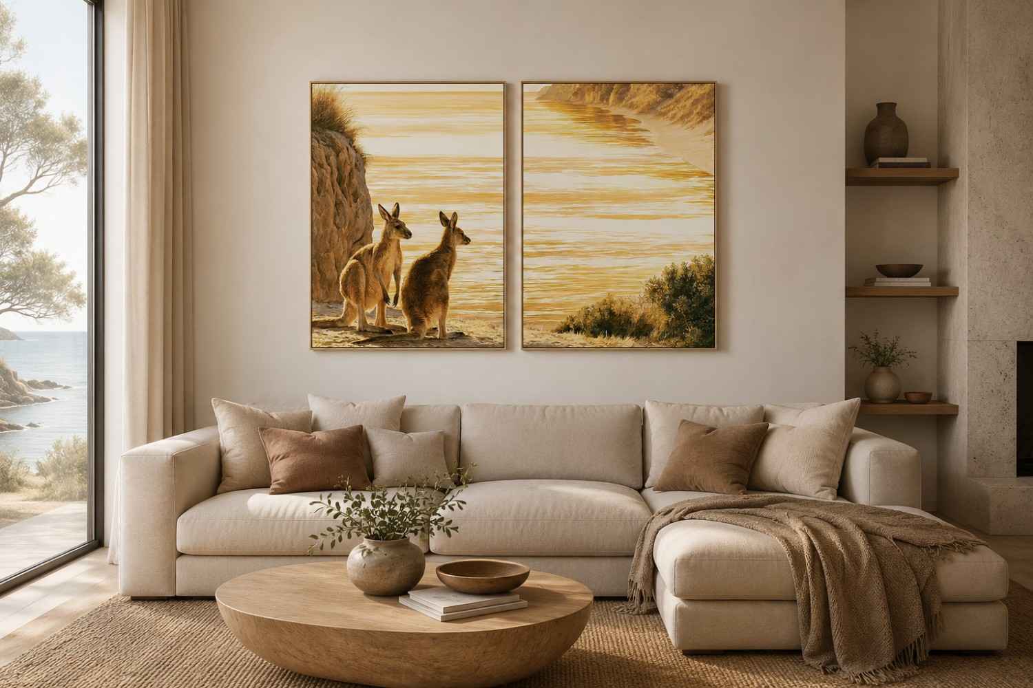 Golden kangaroo beach canvas print for coastal living room decor.