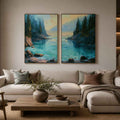 Turquoise forest cove canvas art for modern living room wall decor.