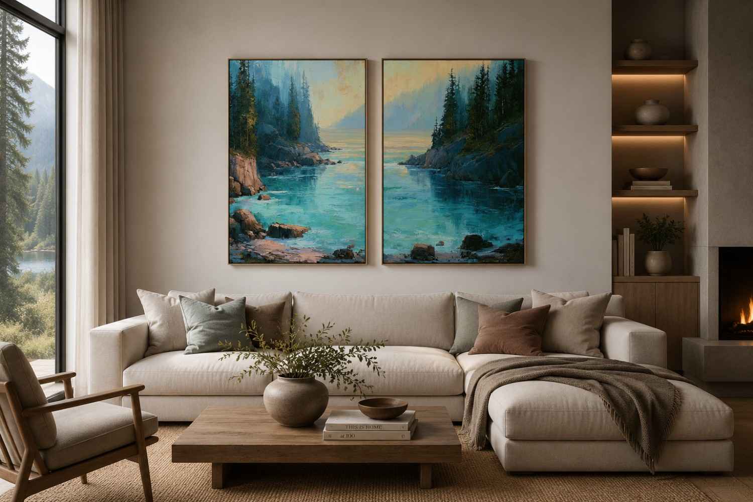 Turquoise forest cove canvas art for modern living room wall decor.