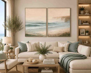 Pastel coastal seascape diptych wall art
