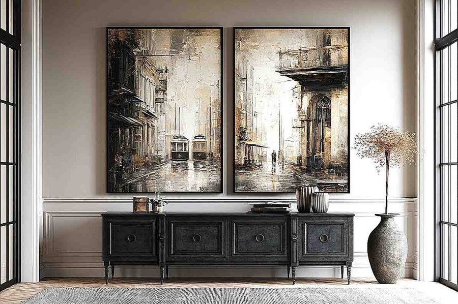Vintage tram cityscape diptych wall art