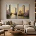 Modern riverside skyline diptych artwork