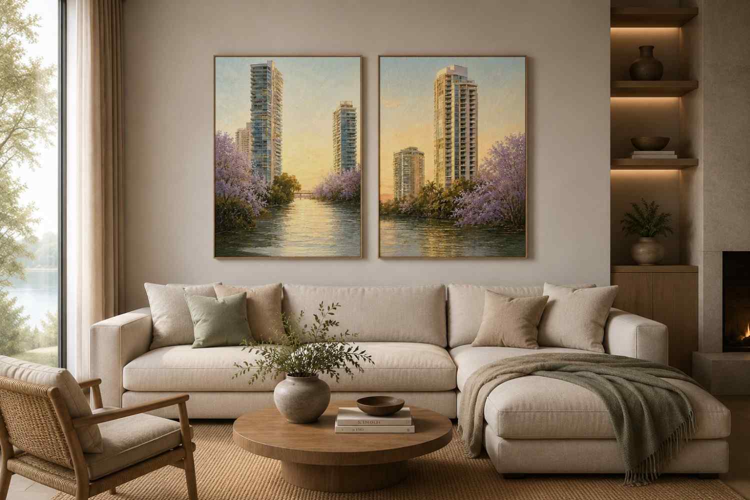 Modern riverside skyline diptych artwork