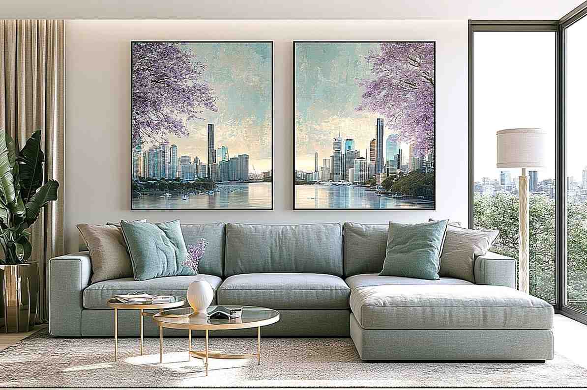 Jacaranda waterscape artwork for living room